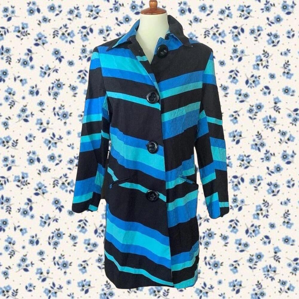 Retro blue and black Striped Trench Coat